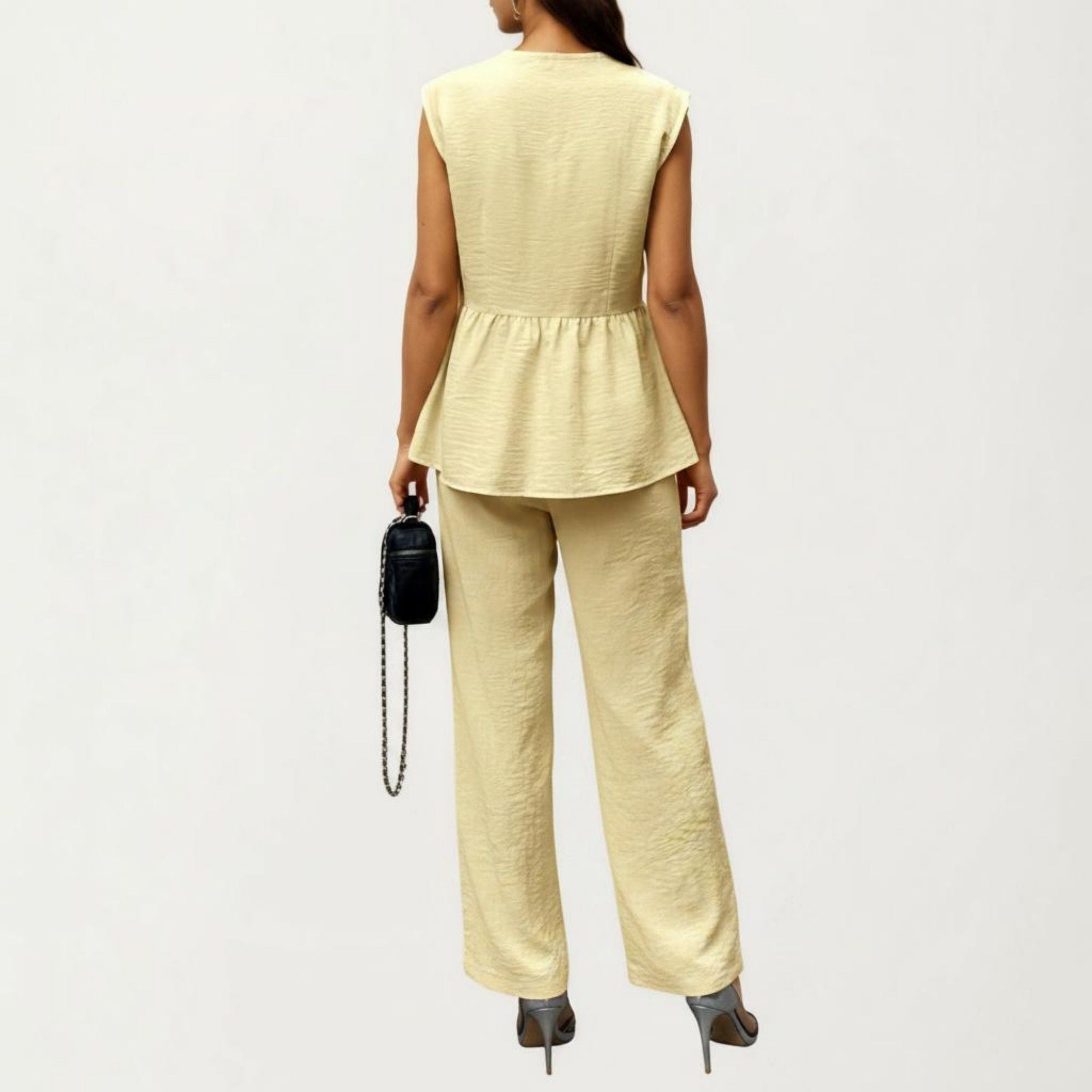 Anna-Kaci Women's 2-Piece Sleeveless V-Neck Peplum Top and Wide Leg Pant Set