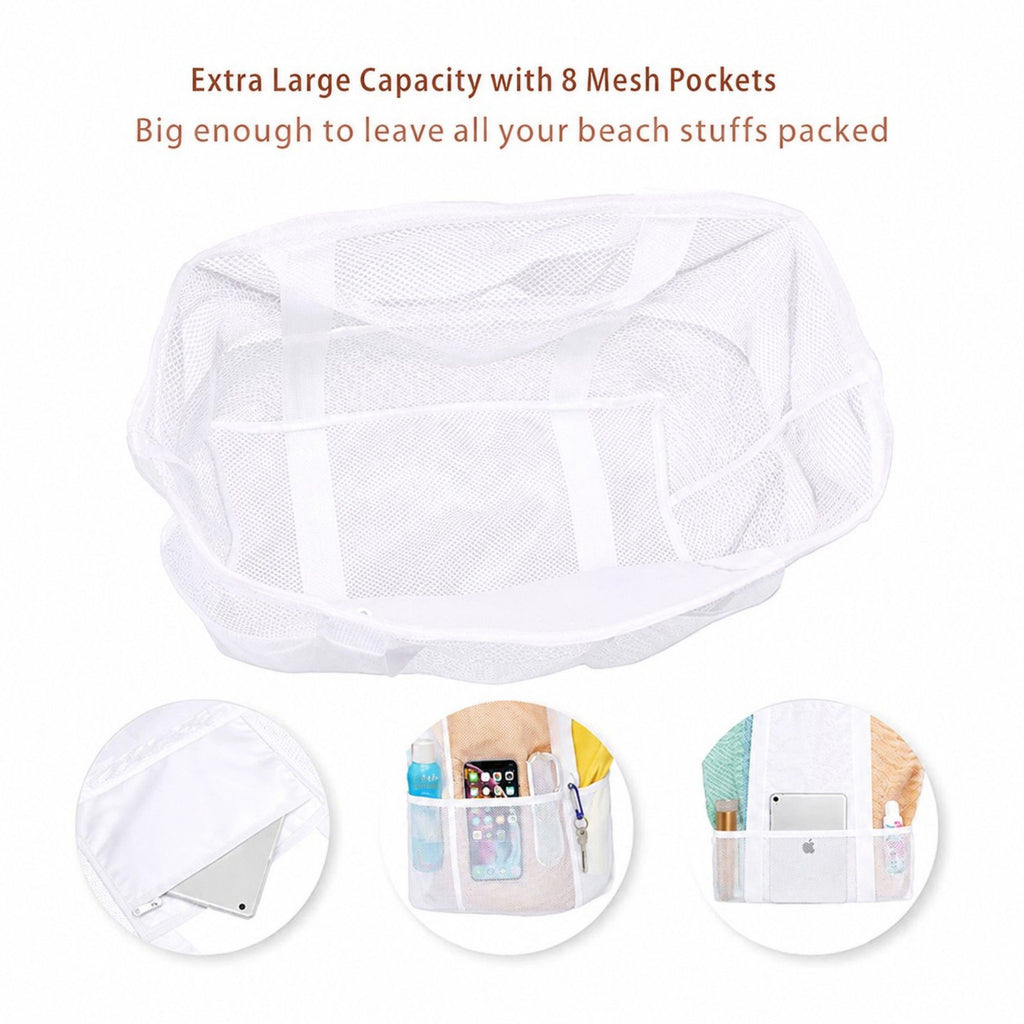 Mesh Beach Tote Bag Large Capacity Travel Shoulder Bag with Exterior Pockets Zipper Top Organizer