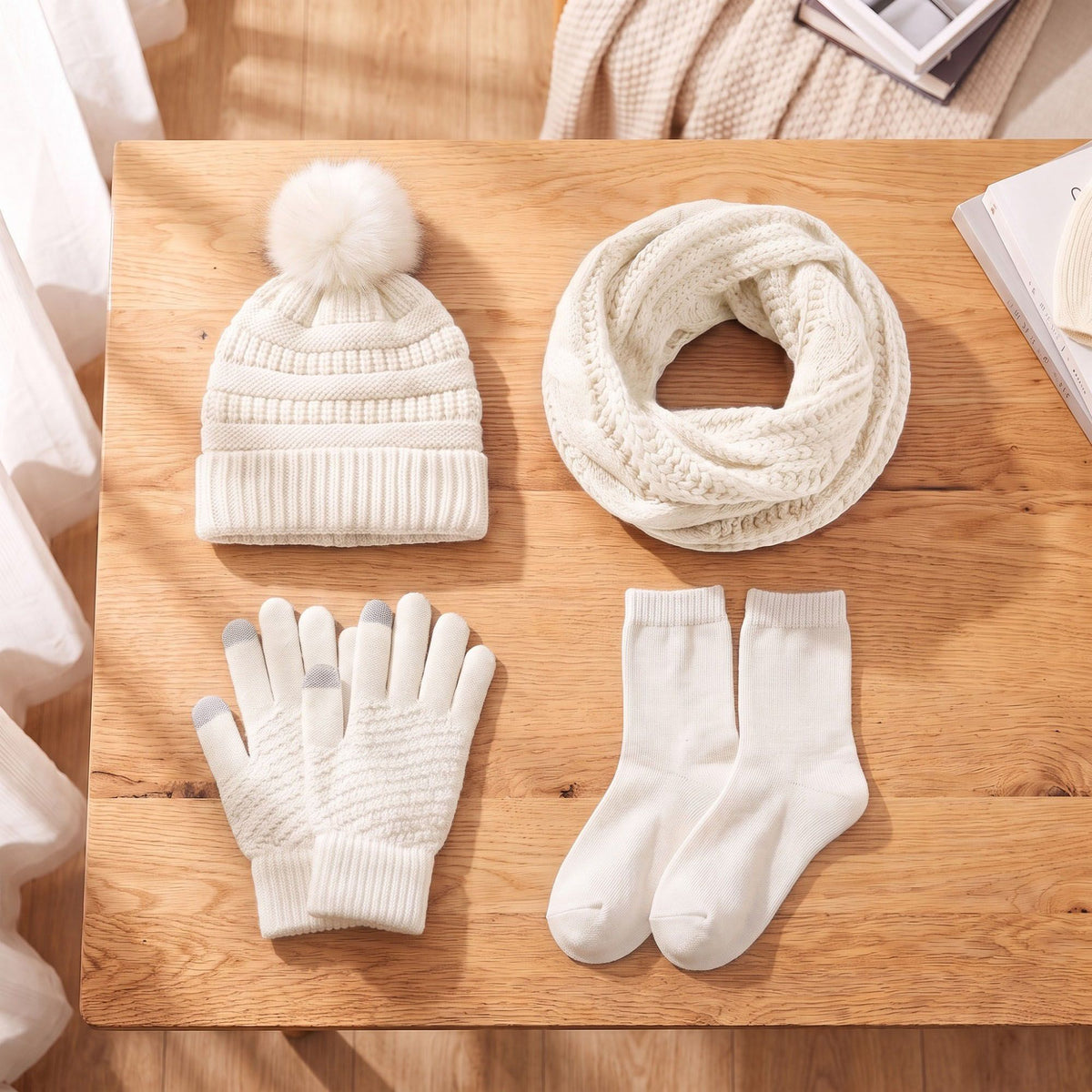 4 Piece Knit Winter Hat Scarf Touchscreen Gloves and Socks Set