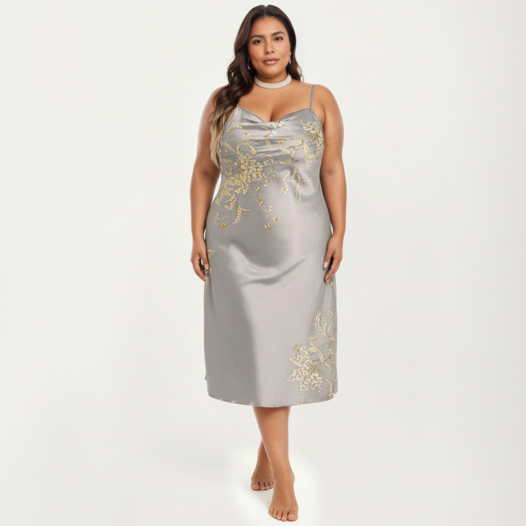 Anna-Kaci Lounge Women's Plus Size Satin Floral Slip Nightgown with Adjustable Spaghetti Straps Cowl Neck Midi Length Sleepwear Dress