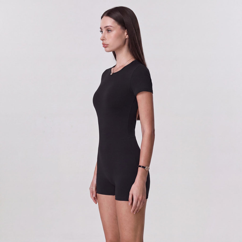 Short Sleeve One Piece Active Romper with Crew Neck Built In Padding Fitted Shorts and Smooth Stretch Fabric