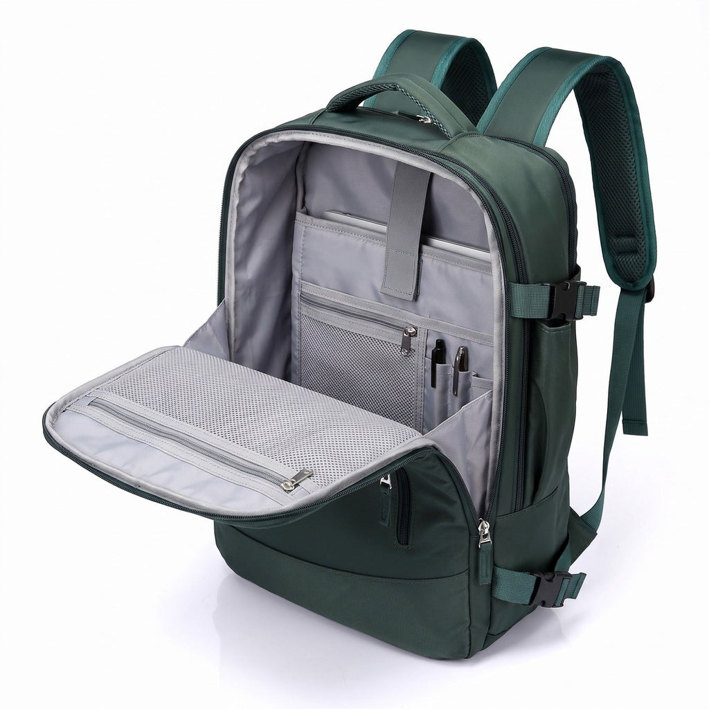 Multi-Compartment Travel Backpack with Padded Straps, Side Pockets and Compression Buckles