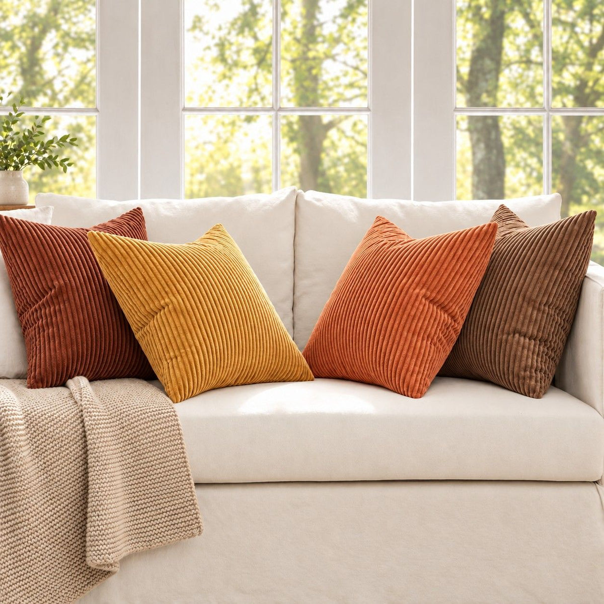4 Pack Corduroy Throw Pillow Covers 18 x 18 Inch Wide Stripe Texture