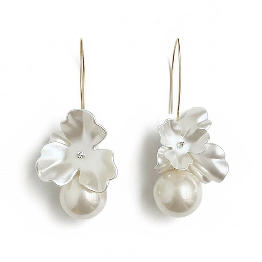 Women's Floral Drop Earrings with Sculpted Petal Design and Pearl Accent