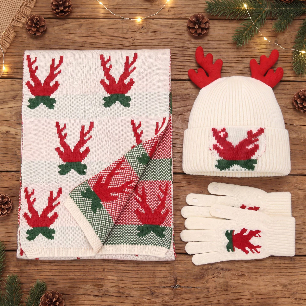 3 Piece Christmas Reindeer Antler Beanie Scarf and Gloves Set