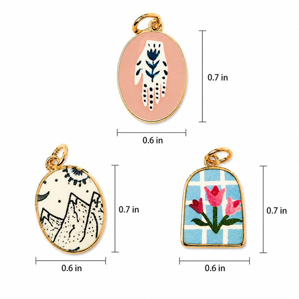 3pc Scenic Artwork Keychain Bag Charm Set with Gold Tone Trim for Bags and Keys