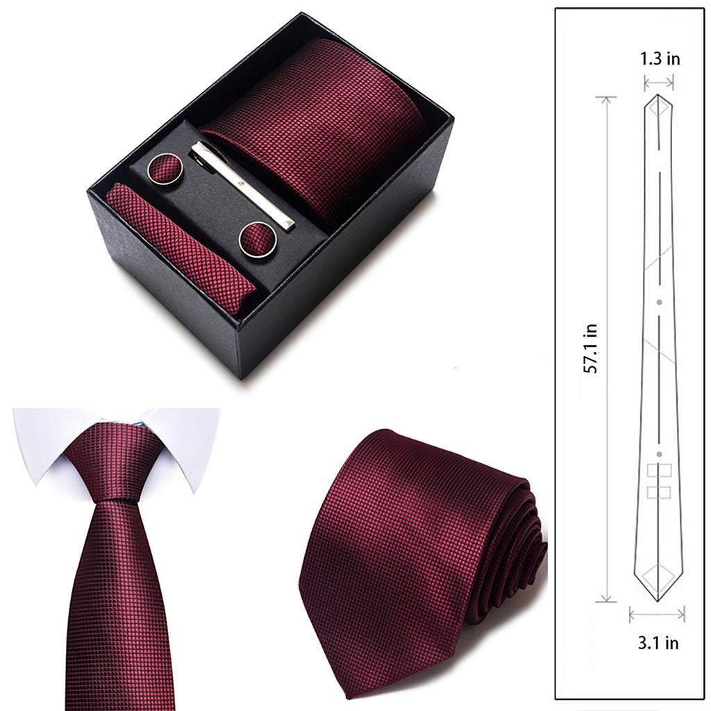 Men's Diamond Grid Pattern Tie Gift Set Necktie Pocket Square Cufflinks Tie Clip Formal Accessory Set