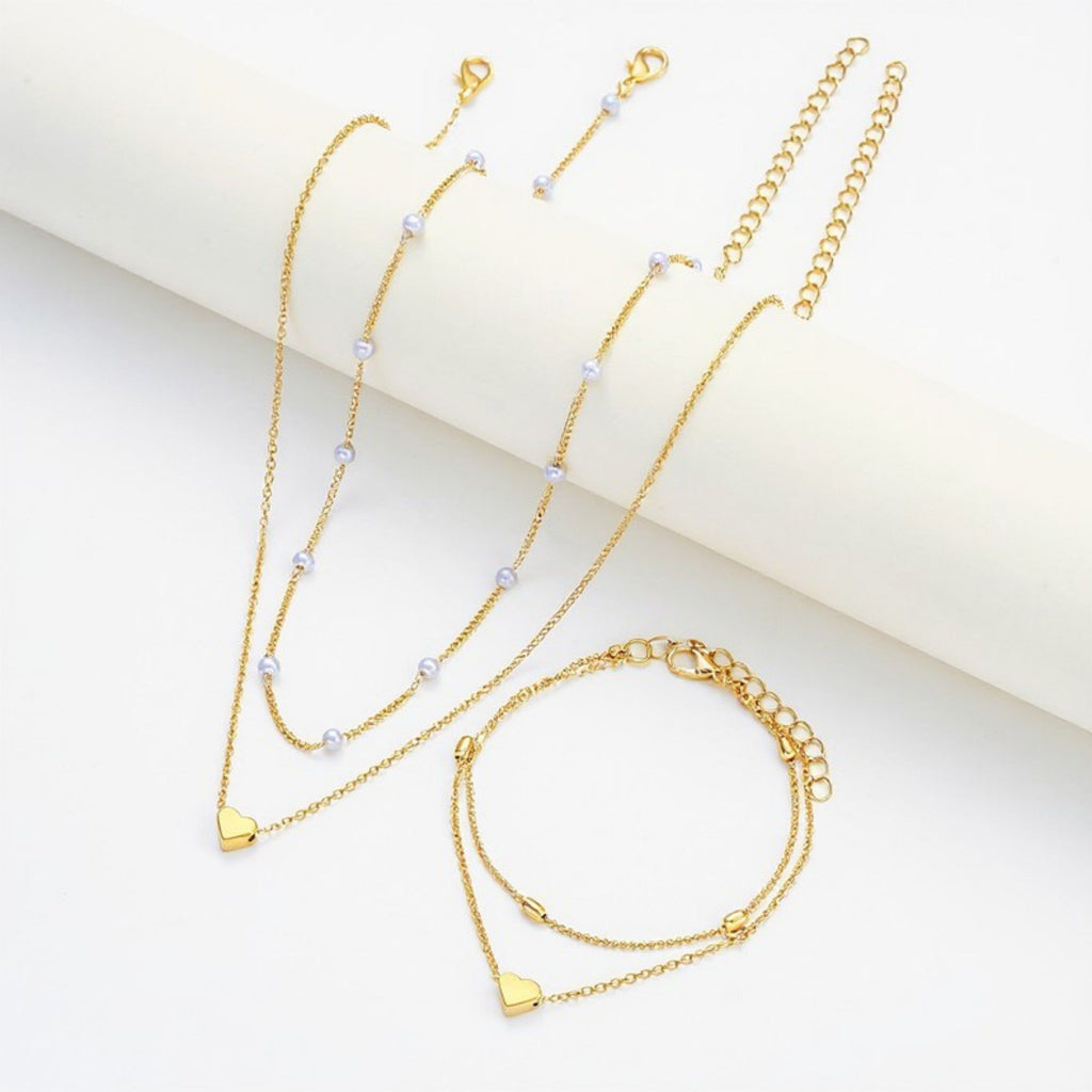 Women's Layered Necklace and Bracelet Set with Heart Charms and Pearl Accents