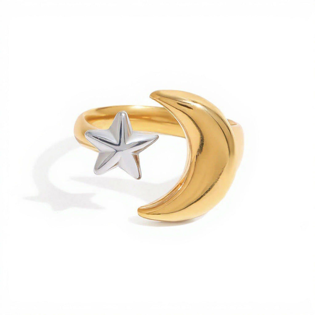 Moon and Star Adjustable Mixed Metal Statement Ring