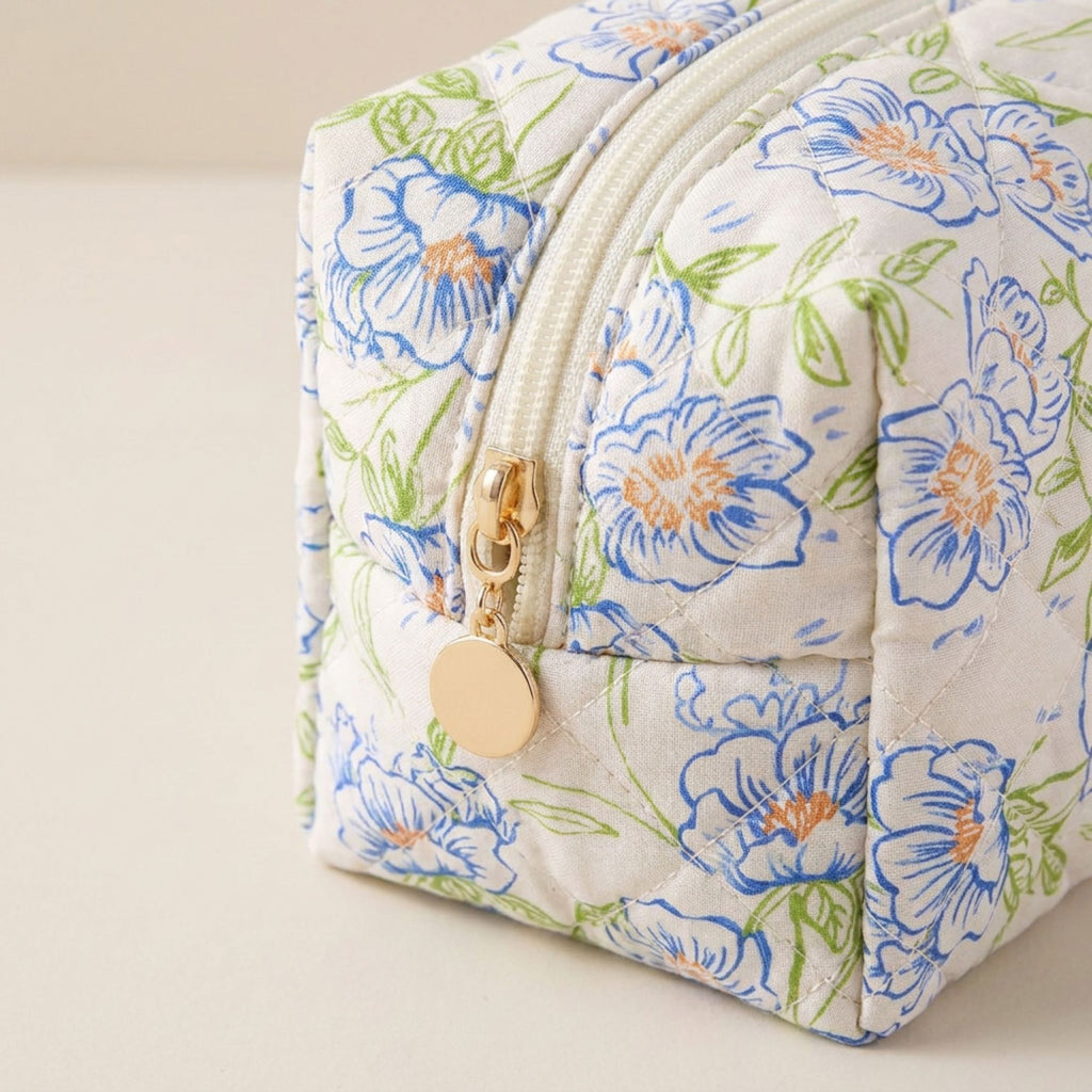 Floral Quilted Makeup Bag Travel Cosmetic Toiletry Pouch with Zipper Closure