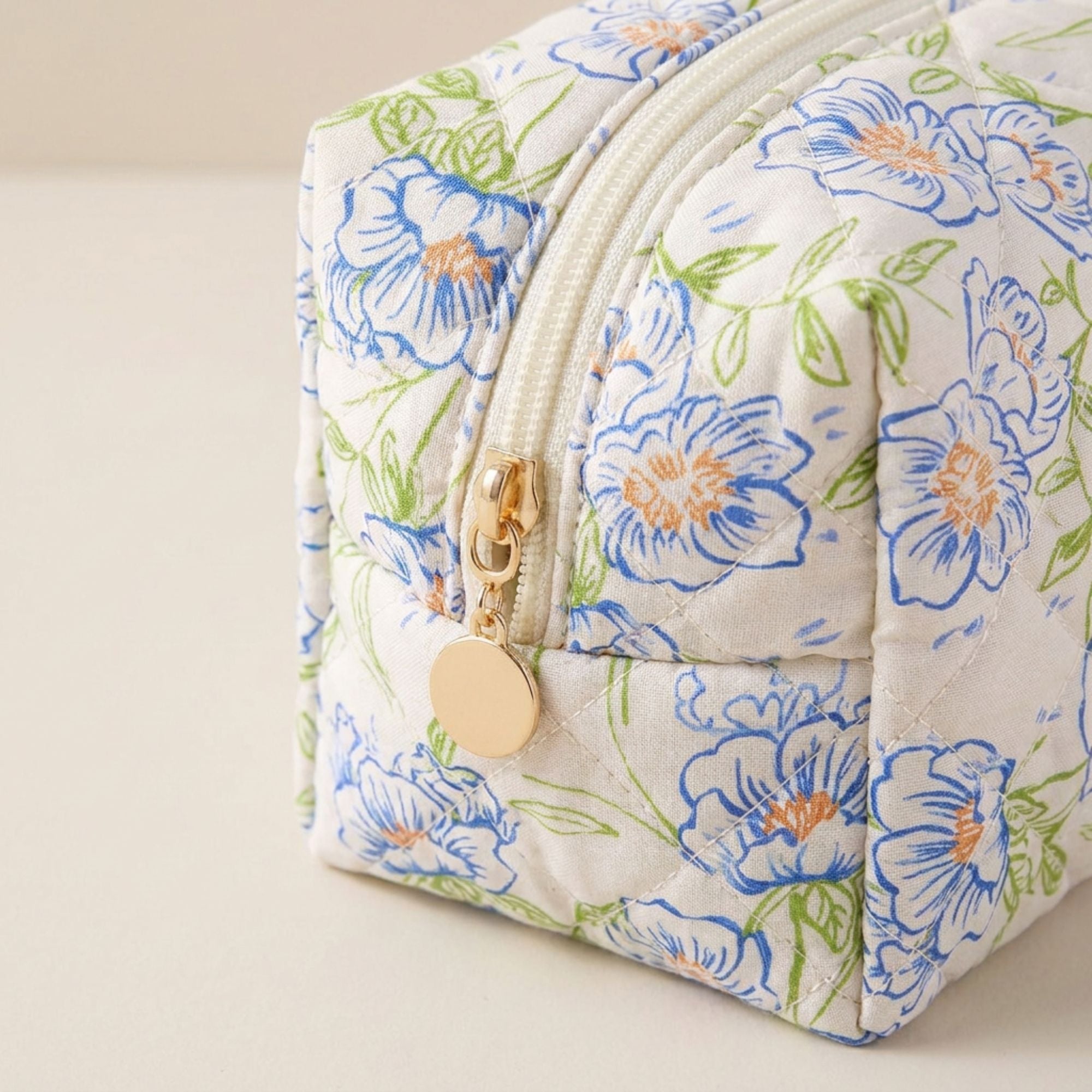 Floral Quilted Makeup Bag Travel Cosmetic Toiletry Pouch with Zipper Closure