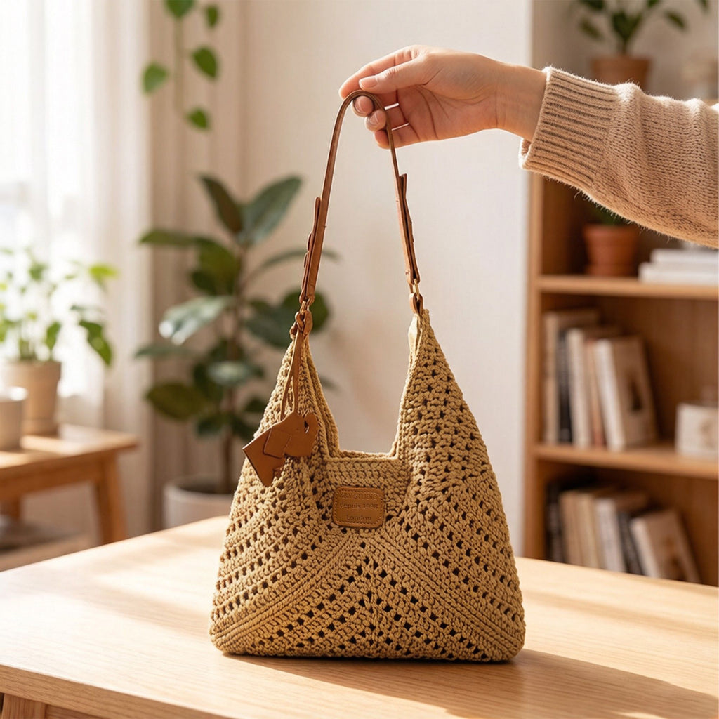 Woven Crochet Shoulder Bag with Leather Strap Slouchy Hobo Handbag Lightweight Knit Tote