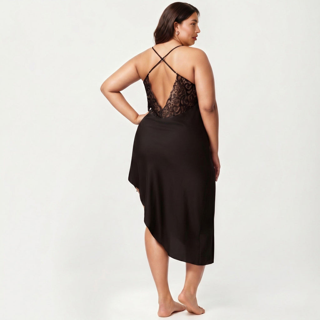 Anna-Kaci Lounge Women's Plus Size Lace Panel Slip Nightgown with Adjustable Spaghetti Straps V Neck Asymmetrical Hem Sleepwear
