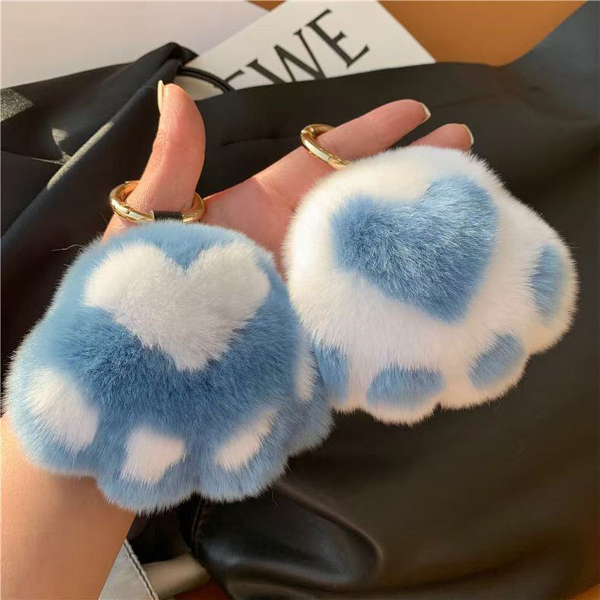2-PC Plush Paw Print Faux Fur Keychain with Metal Clip