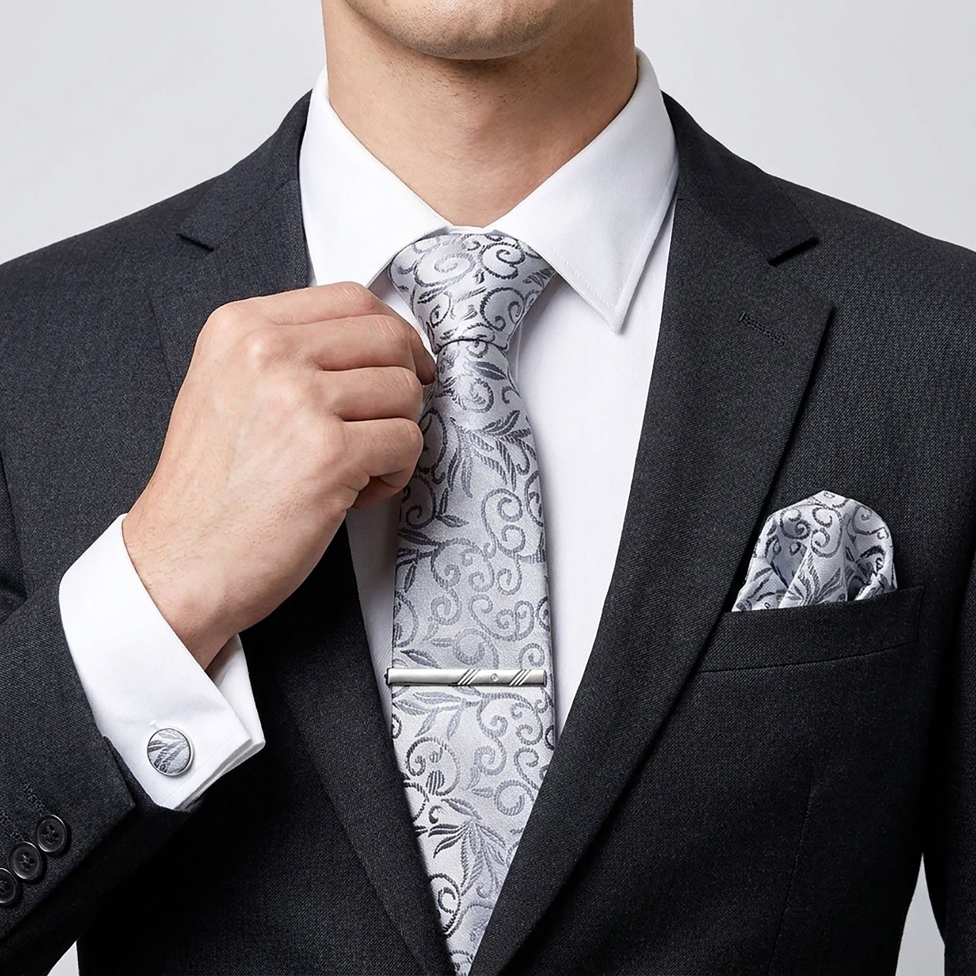 Men's Baroque Floral Tie Gift Set with Matching Pocket Square Cufflinks and Silver Tie Clip