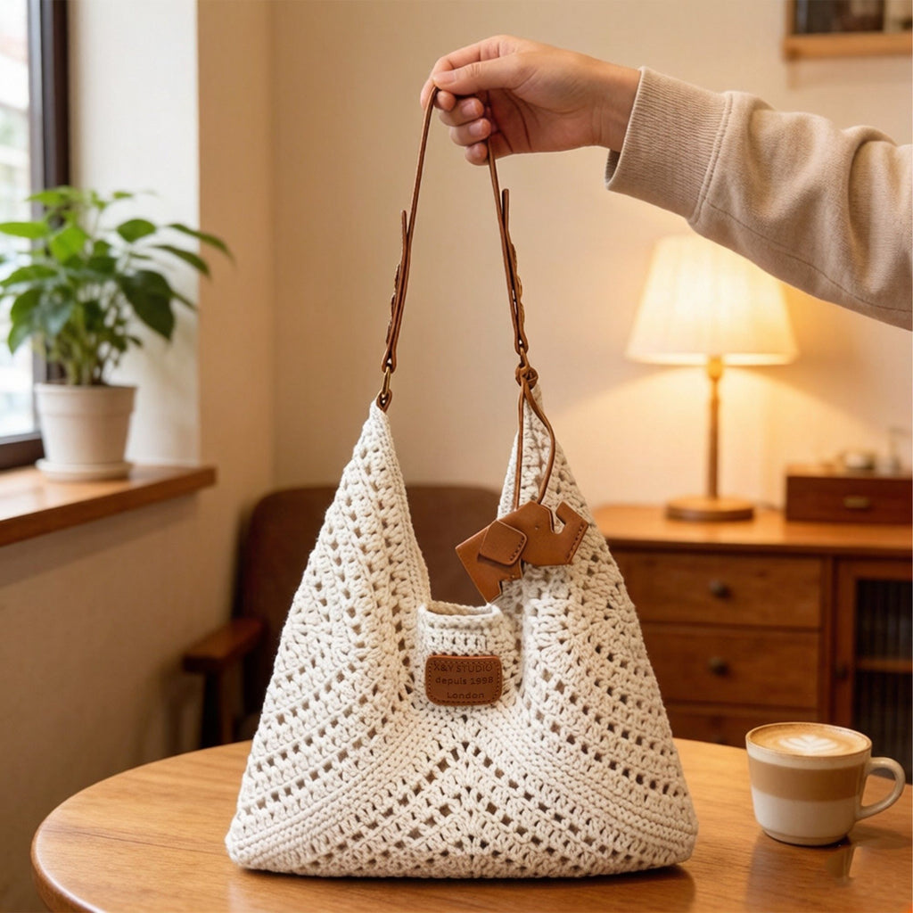 Woven Crochet Shoulder Bag with Leather Strap Slouchy Hobo Handbag Lightweight Knit Tote