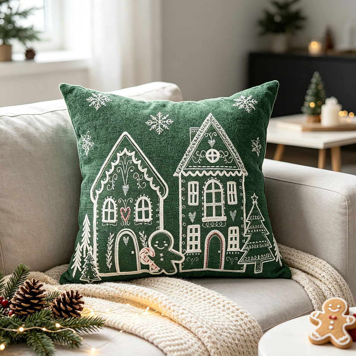 Christmas Embroidered Throw Pillow Cover 18 x 18 Inch Holiday Home Decor