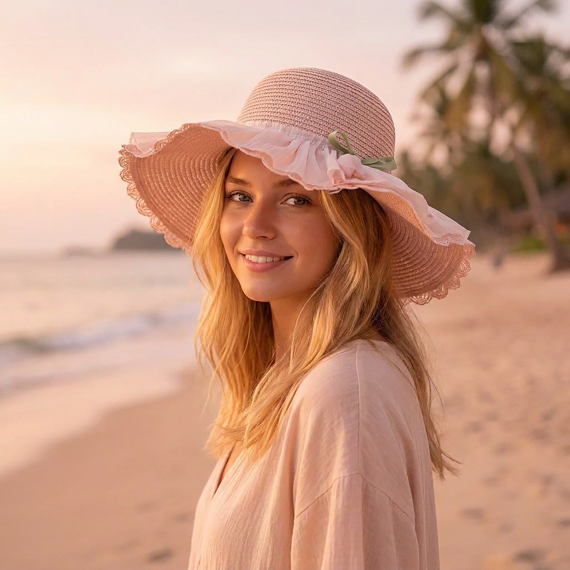 Wide Brim Straw Sun Hat with Pleated Sheer Brim Bow Accent and Floral Trim