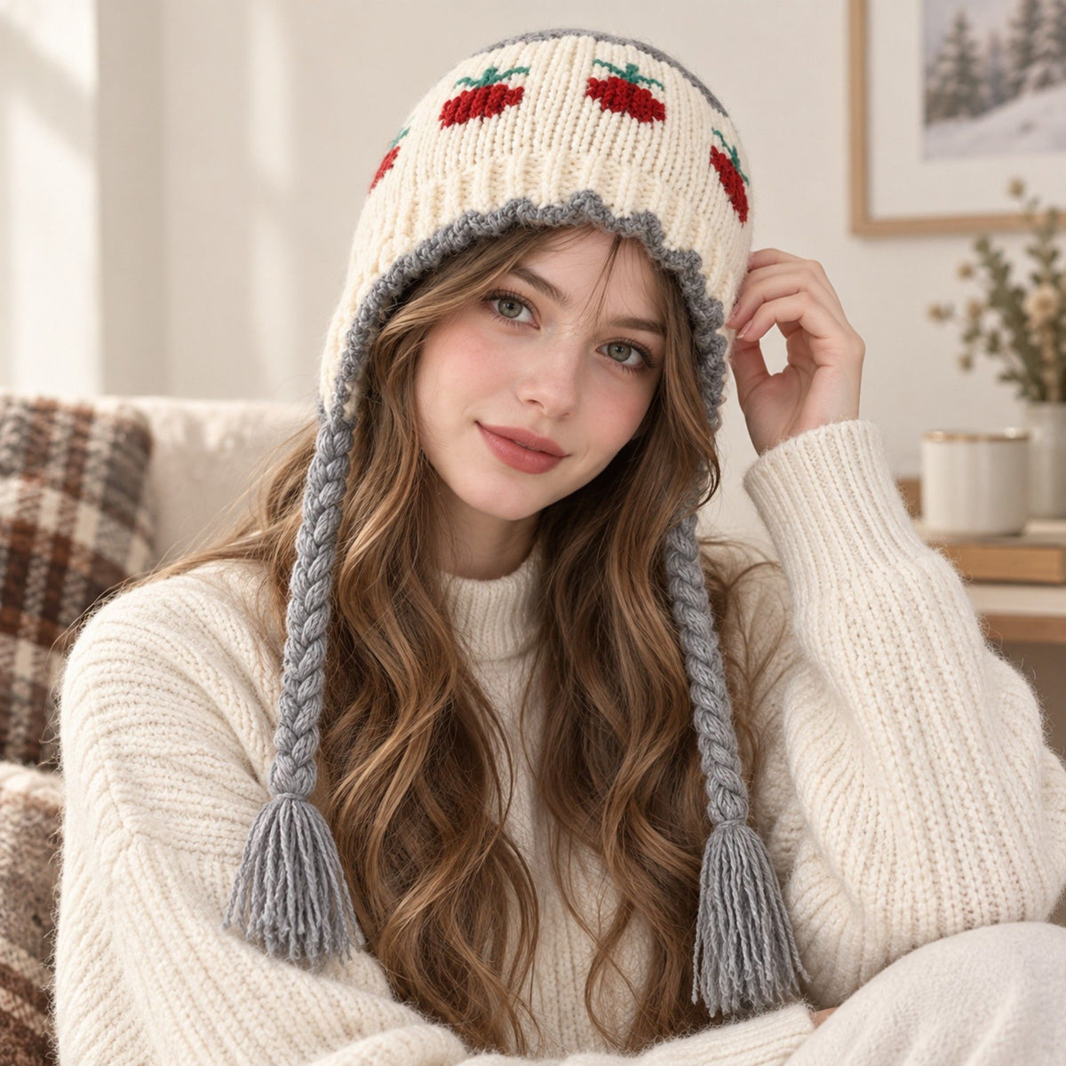 Fruit Pattern Knit Earflap Hat with Braided Tassels
