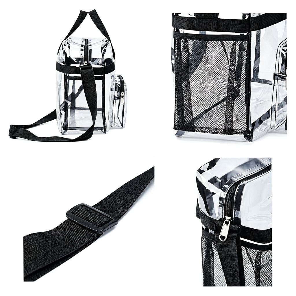 Clear Tote Bag with Exterior Mesh Pockets, Double Top Handles and Removable Adjustable Shoulder Strap