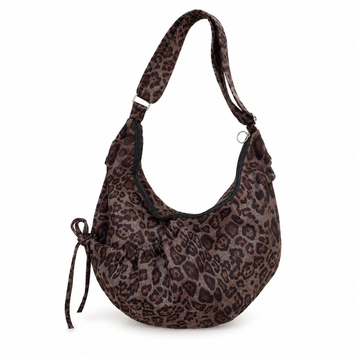 Leopard Print Suede Look Crescent Hobo Shoulder Bag with Zip Closure and Exterior Pocket