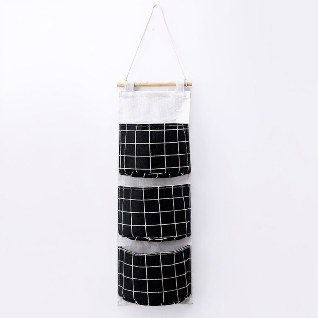 Hanging Wall Organizer with Three Pockets and Black Grid Pattern 22.5x7.8 in