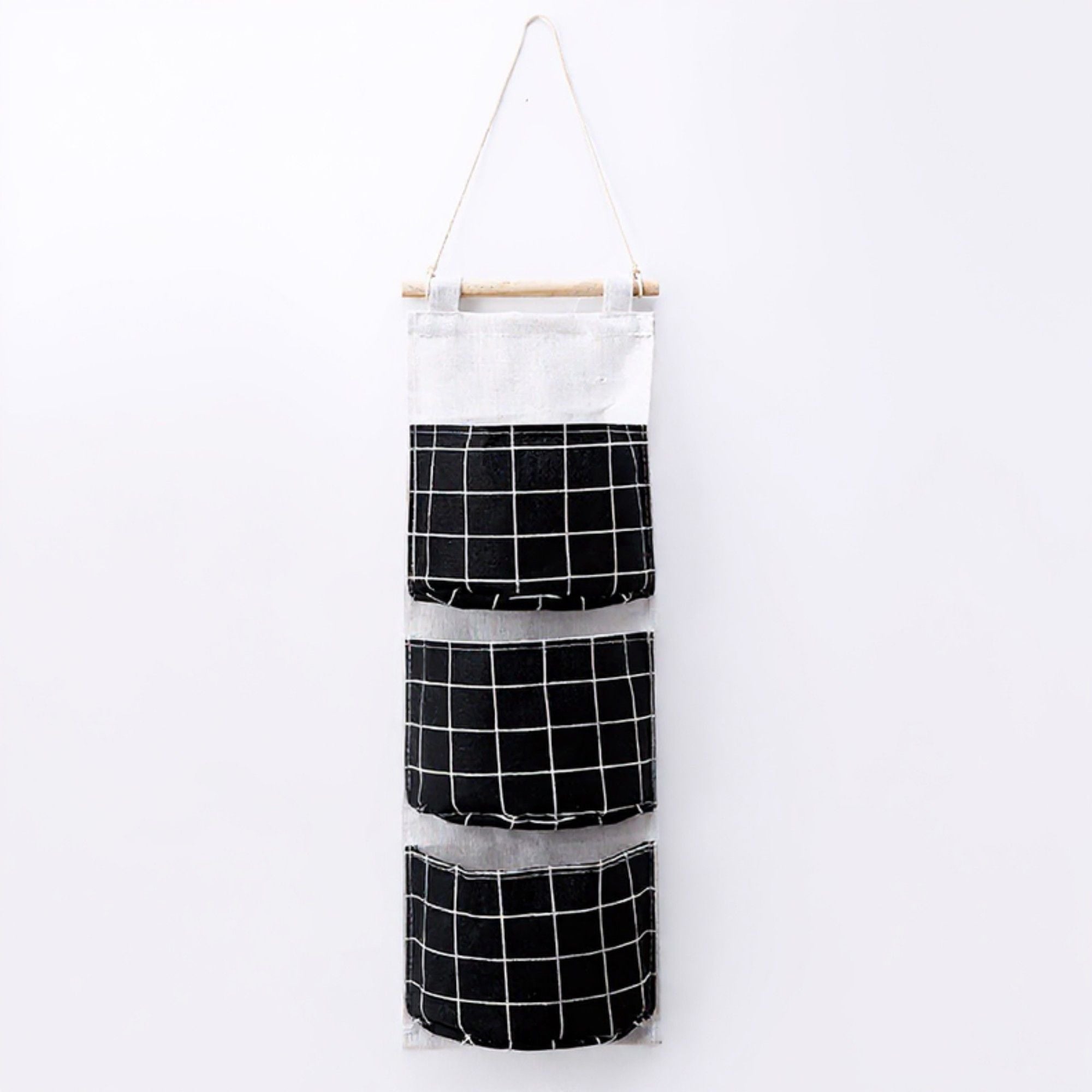 Hanging Wall Organizer with Three Pockets and Black Grid Pattern 22.5x7.8 in