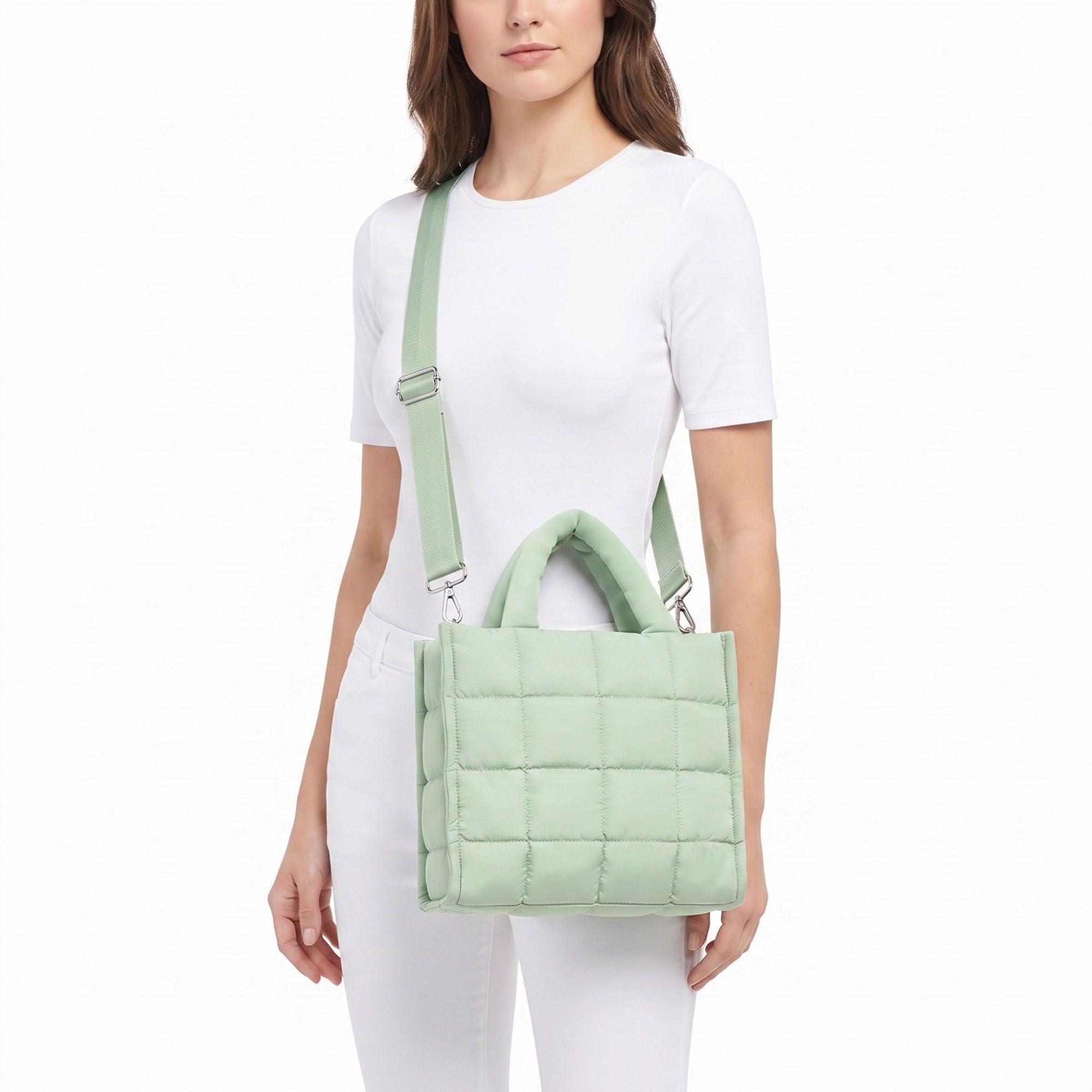 Quilted Puffer Tote Bag with Top Handles and Adjustable Crossbody Strap 11x10x5.5in