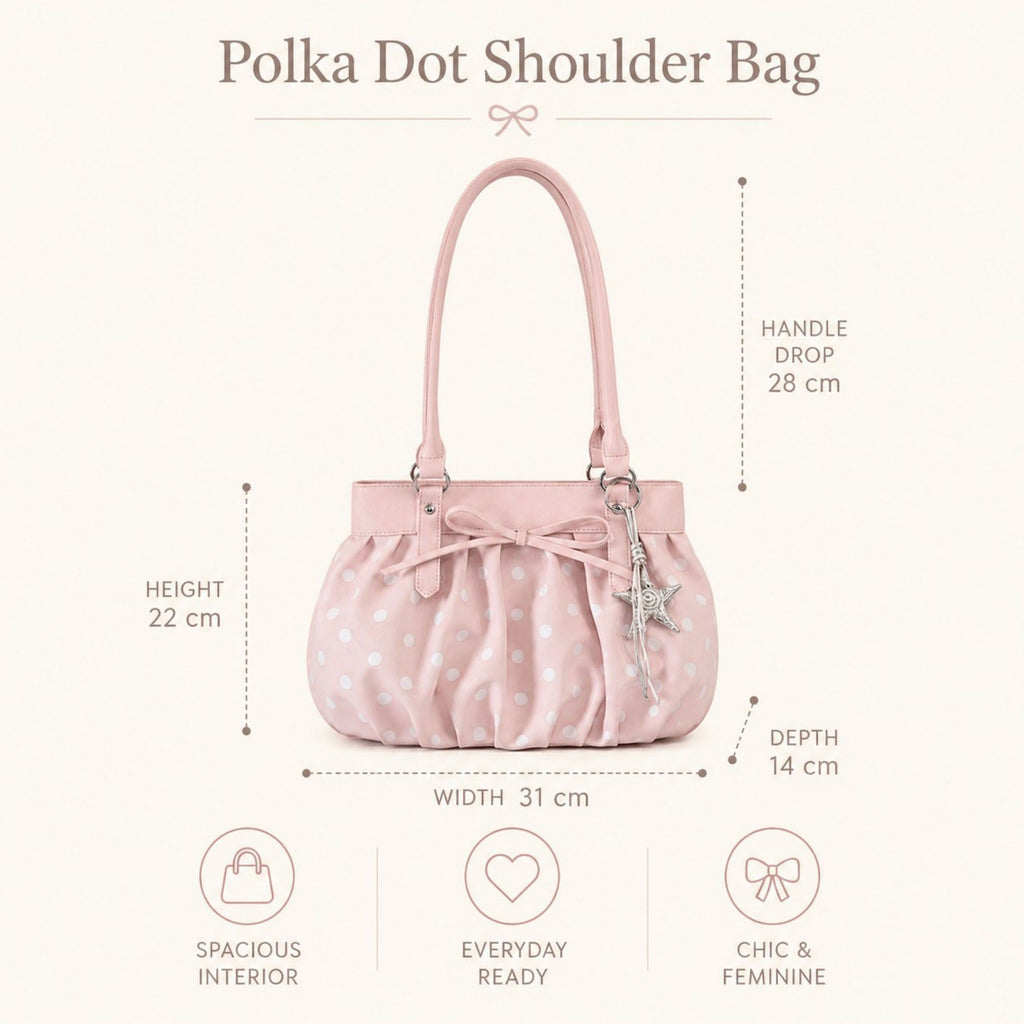 Polka Dot Ruched Shoulder Bag with Bow Detail and Metal Charm