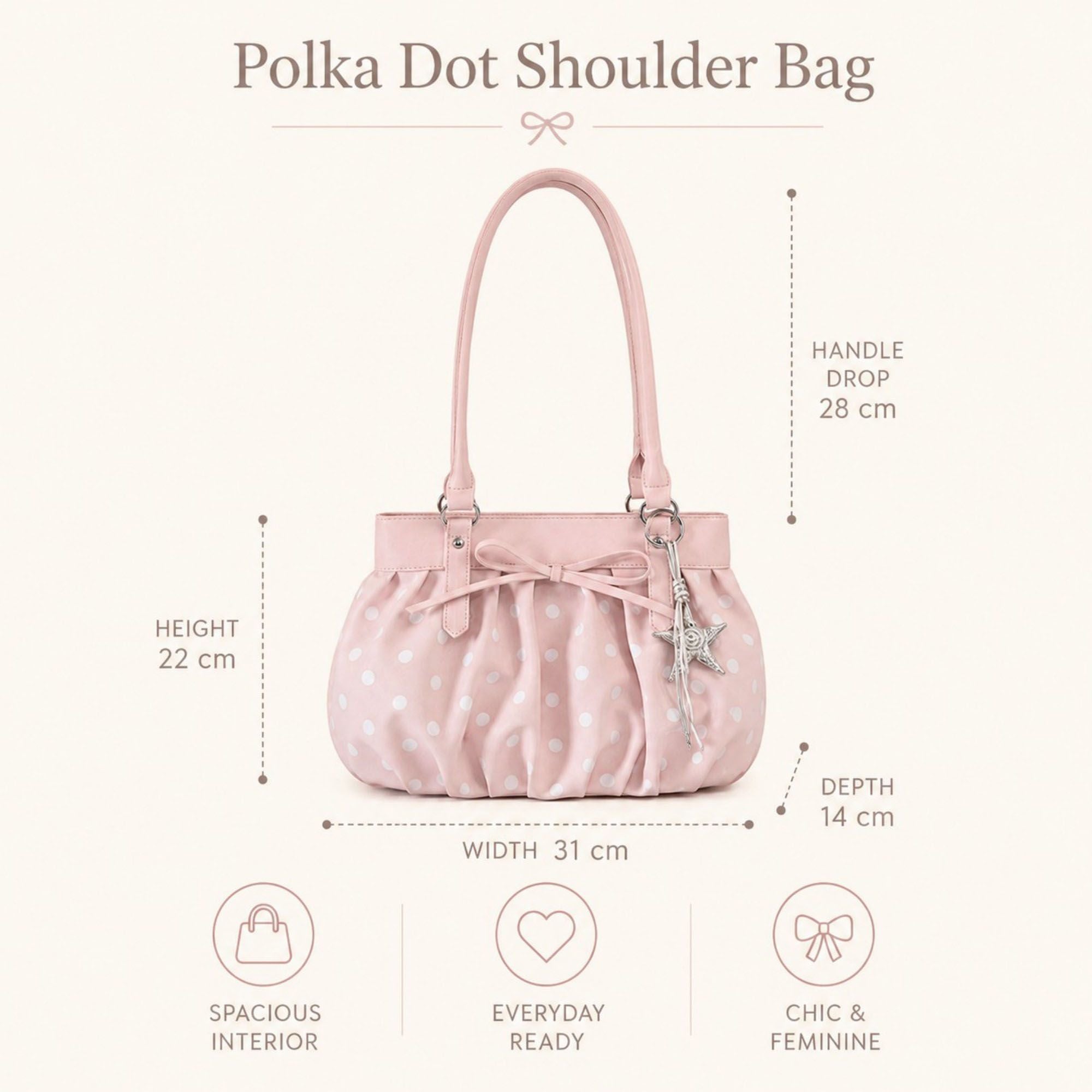 Polka Dot Ruched Shoulder Bag with Bow Detail and Metal Charm