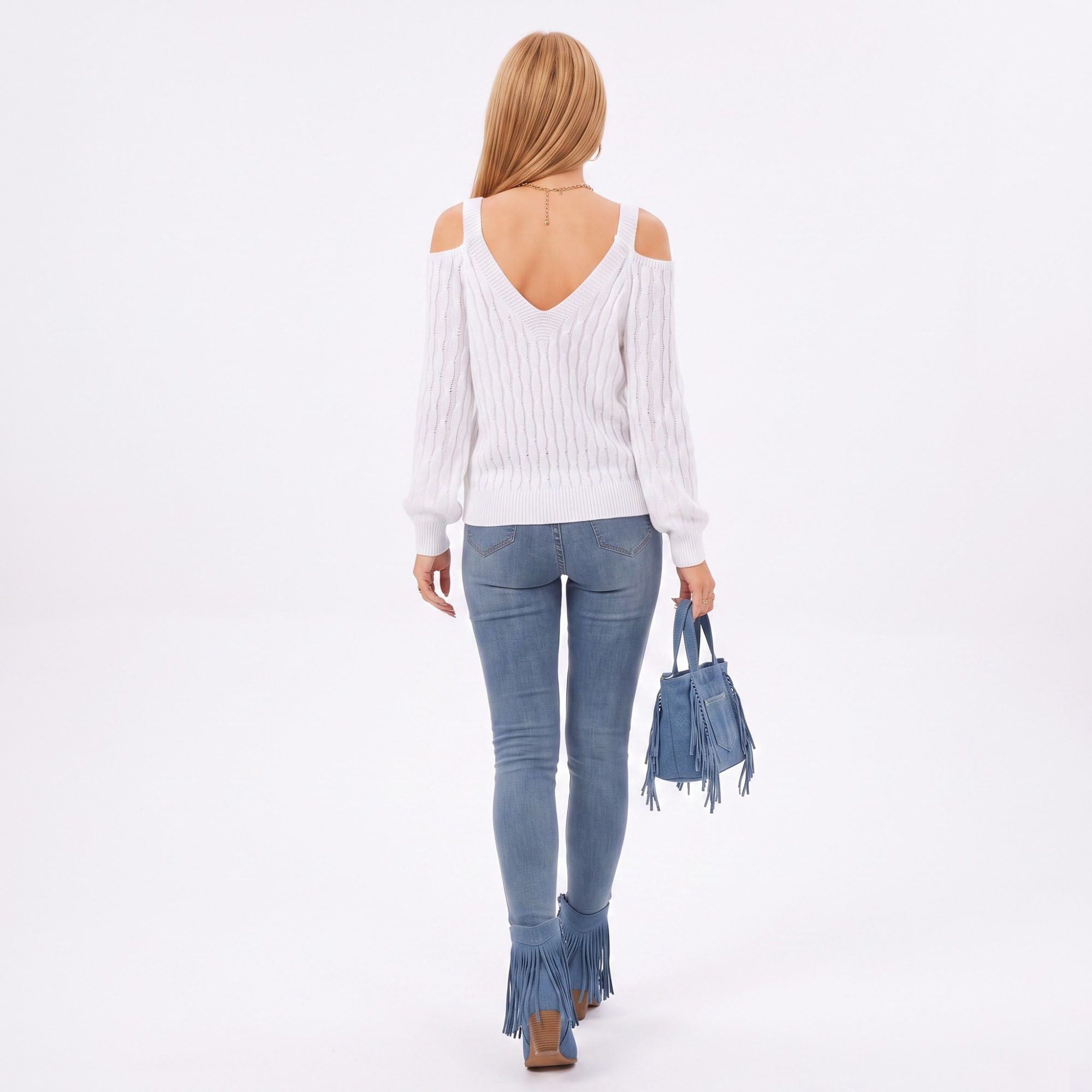 Cold Shoulder V Neck Cable Knit Long Sleeve Sweater