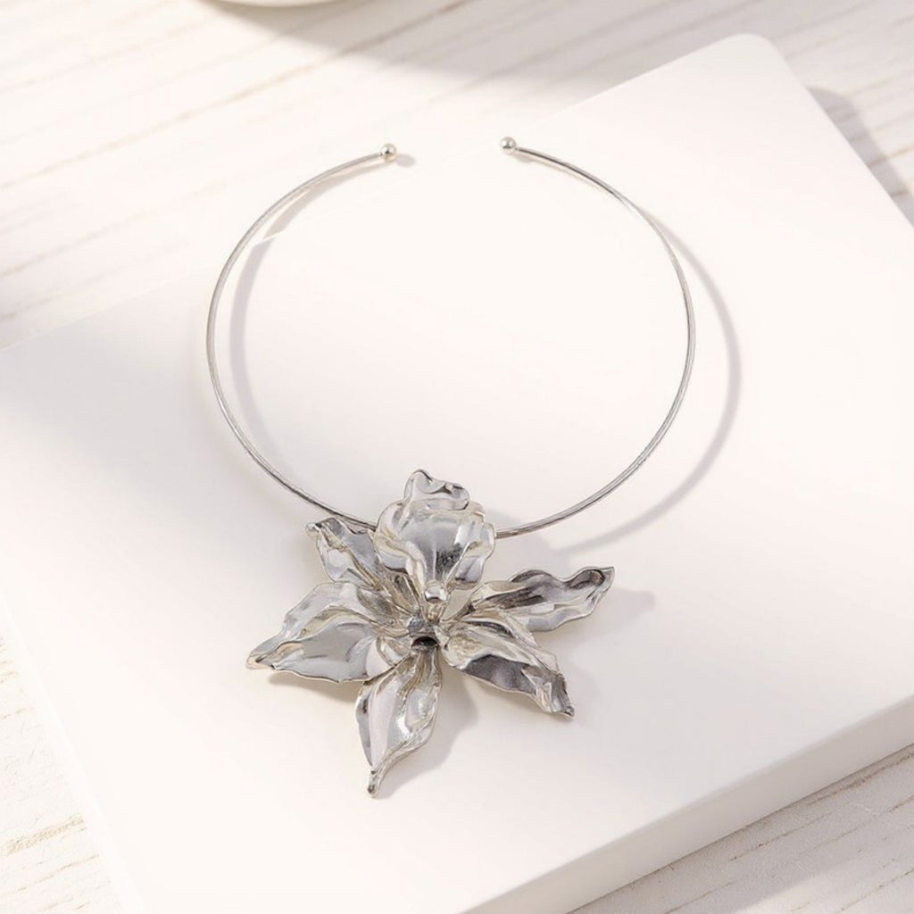 Women's Sculpted Flower Pendant Necklace with Smooth Metal Finish Statement Jewelry