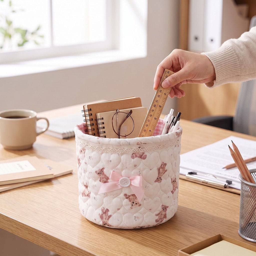 Quilted Round Fabric Storage Basket with Bow and Lace Trim