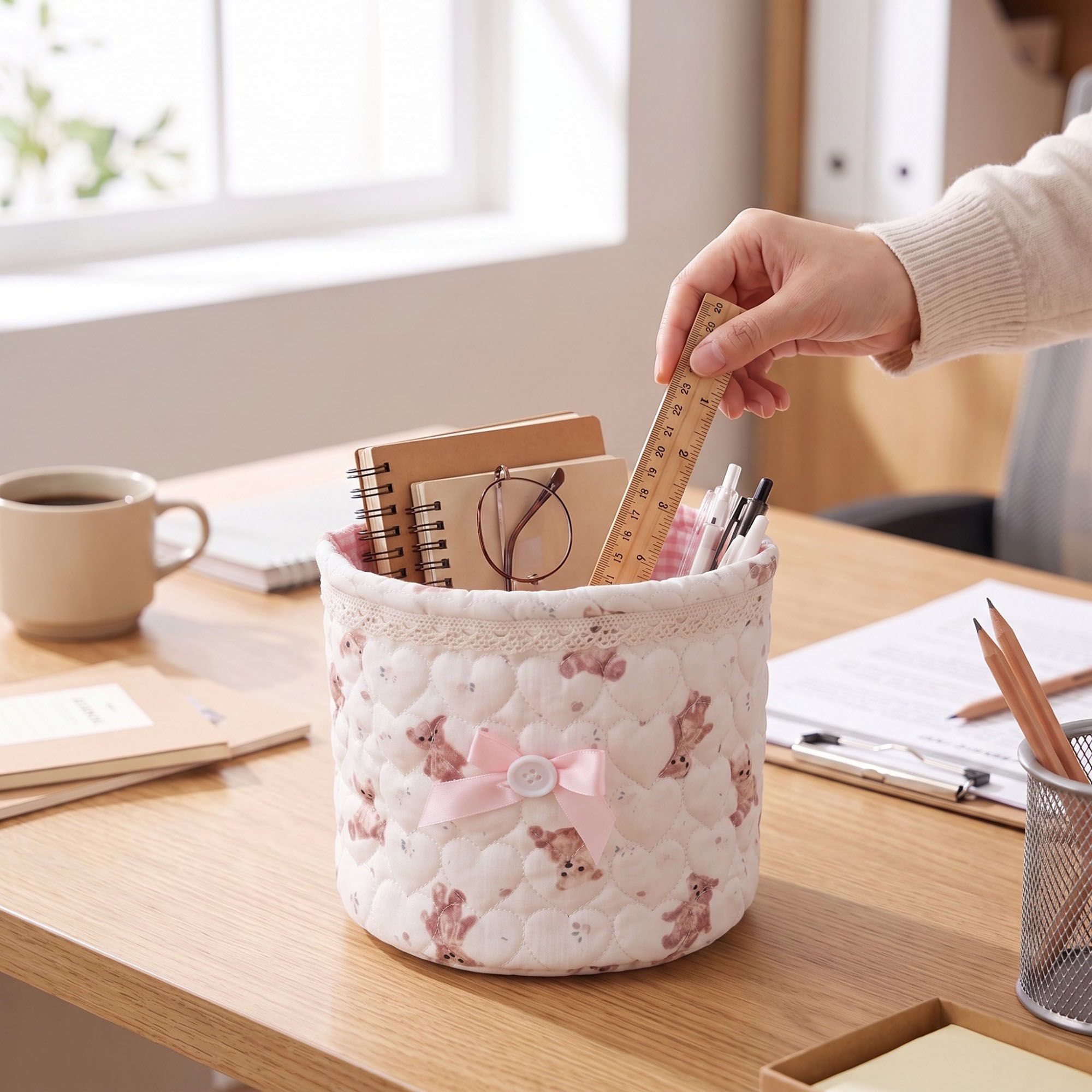 Quilted Round Fabric Storage Basket with Bow and Lace Trim