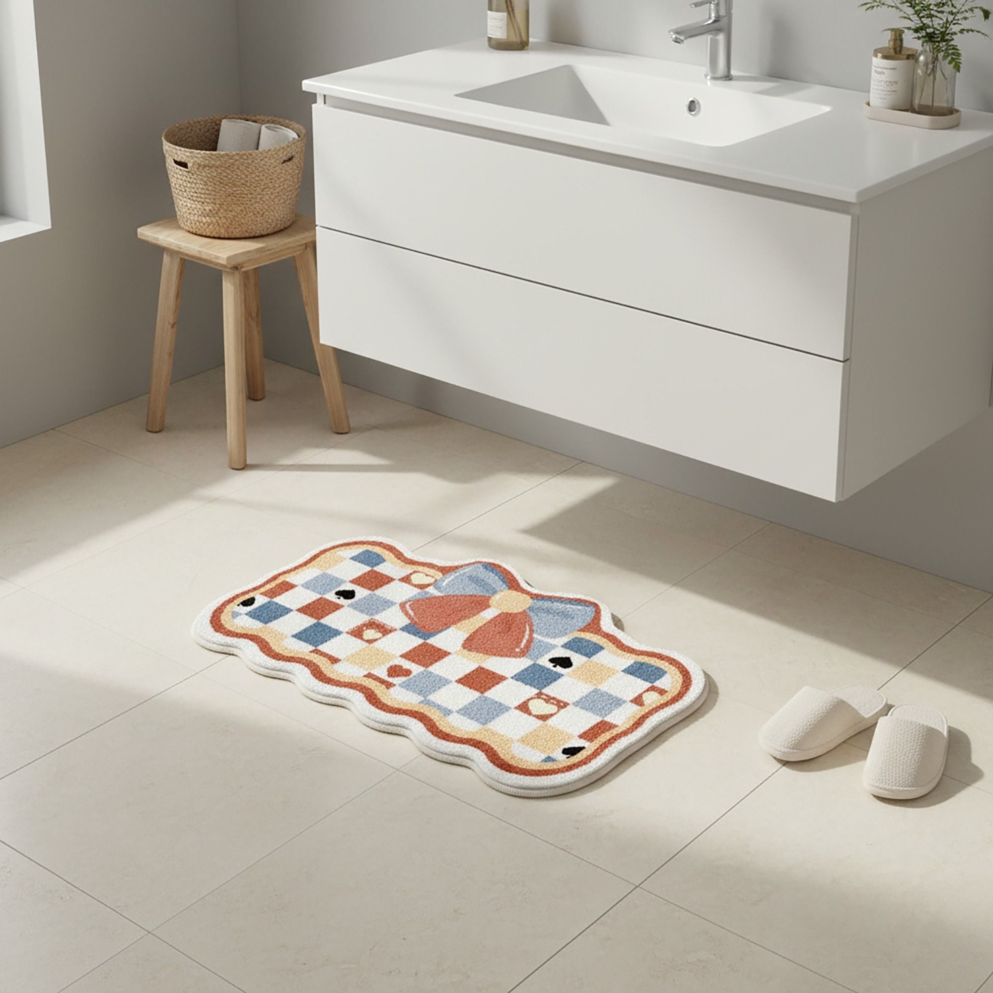 Tufted Floor Mat with Checkered Pattern Bow Detail Scalloped Edge Non Slip Backing Plush Decorative Indoor Entryway Bathroom Rug