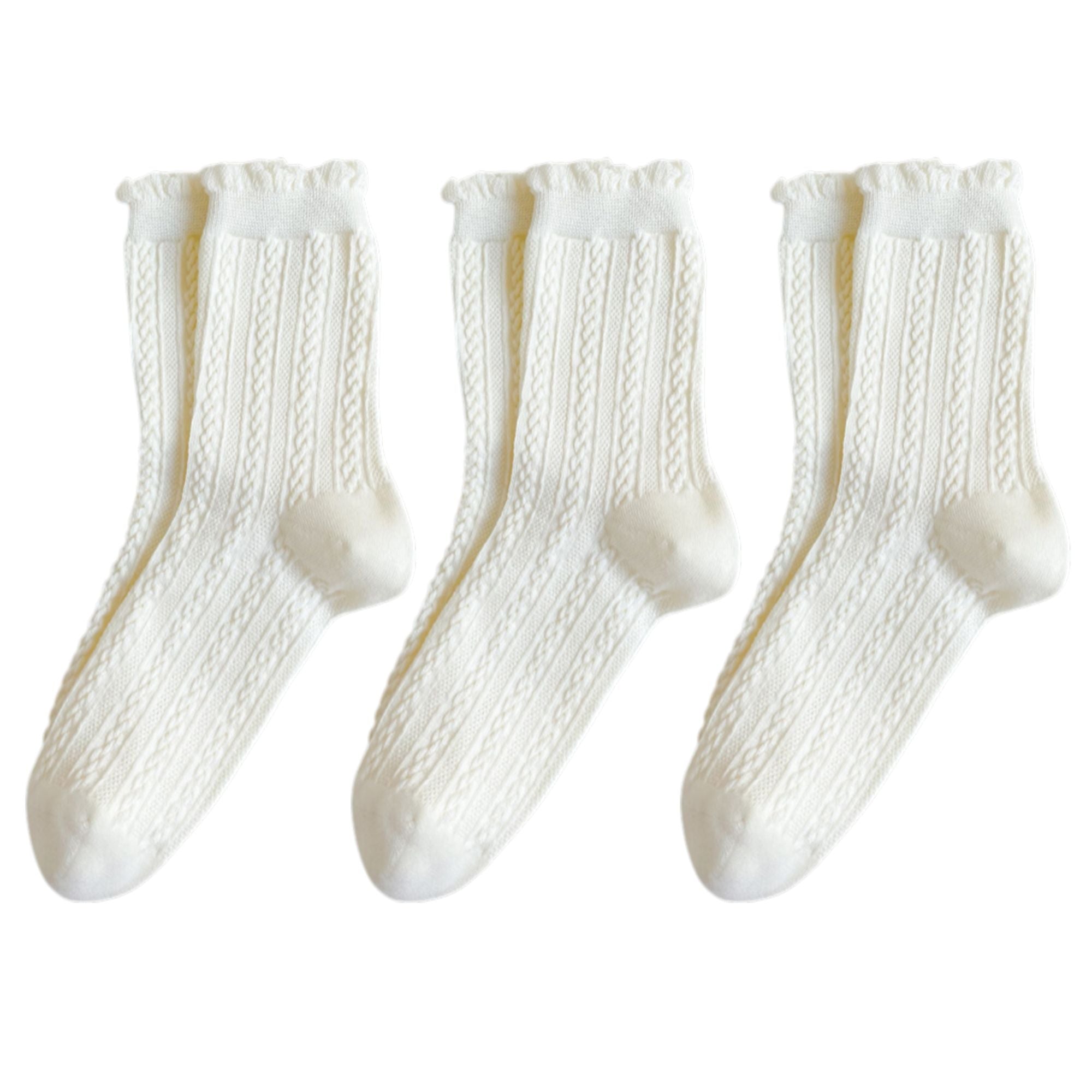 Anna-Kaci 3 Pairs Mid-Crew Cable Knit Socks with Ruffle Cuffs Soft Stretchy Vintage-Inspired Design