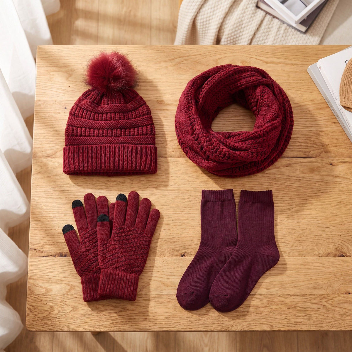 4 Piece Knit Winter Hat Scarf Touchscreen Gloves and Socks Set