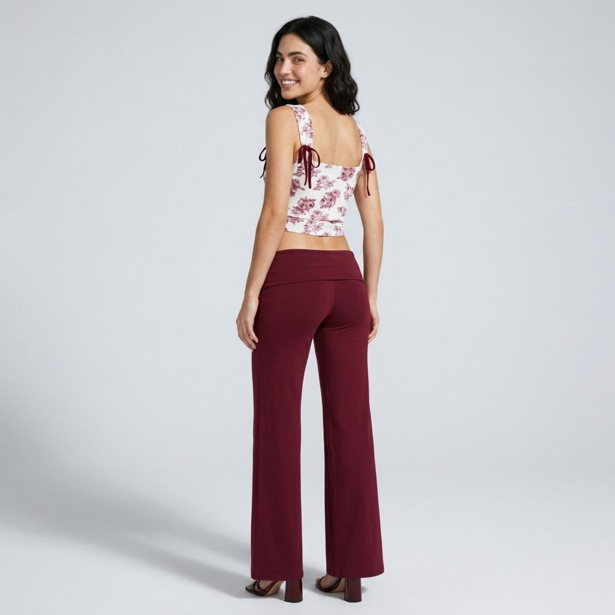 Foldover Waistband Full-Length Wide-Leg Trousers