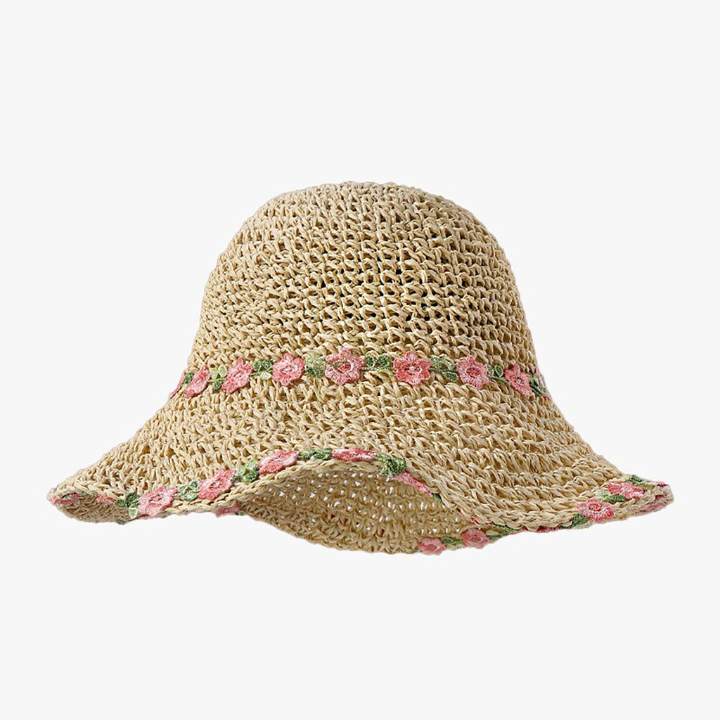 Crochet Bucket Sun Hat with Floral Embroidery and Wavy Brim Design