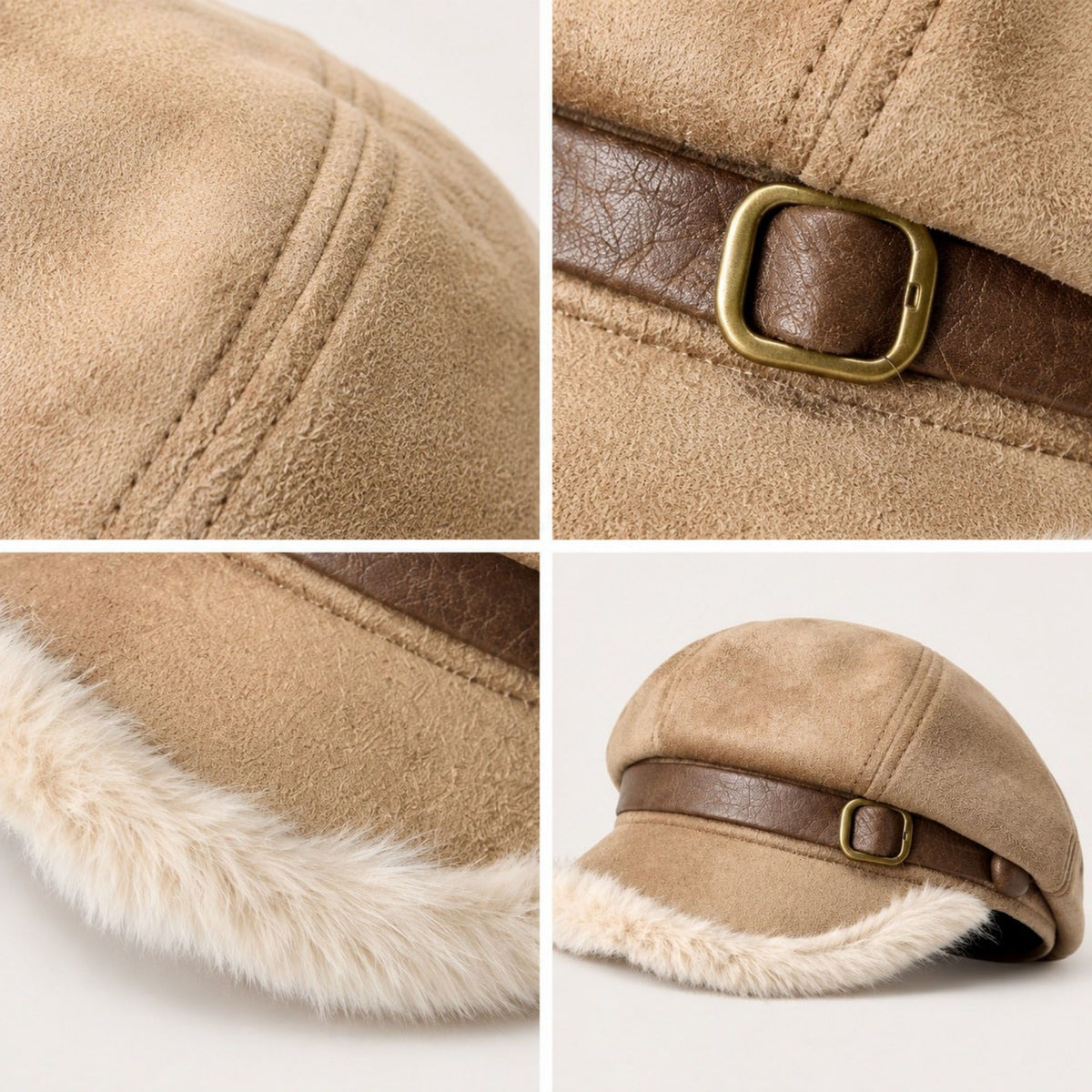 Faux Suede Newsboy Cap with Faux Fur Trim