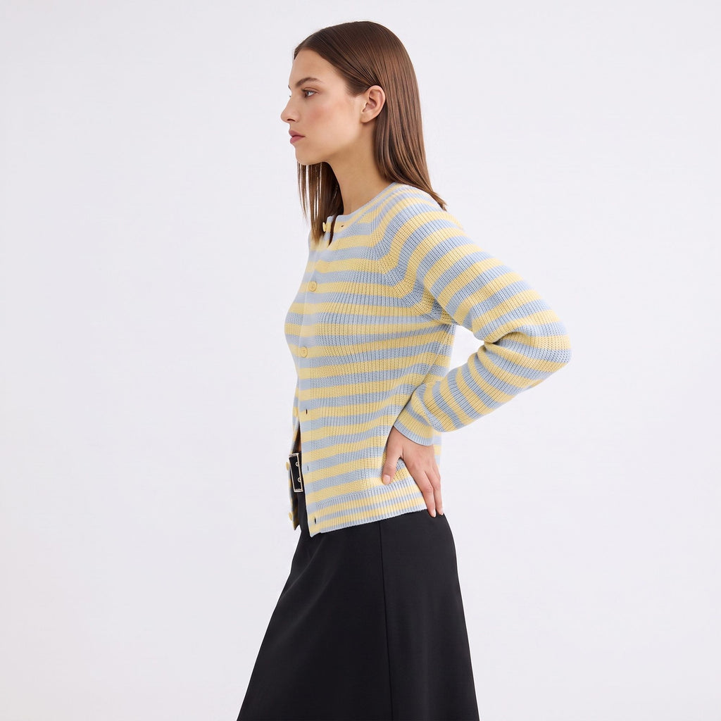 Striped Ribbed Crewneck Button Front Cardigan Sweater