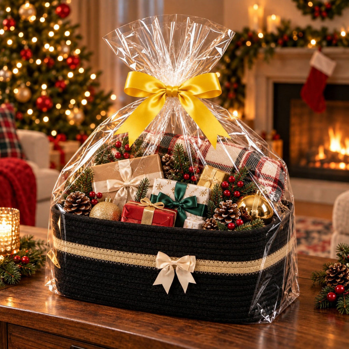 Woven Cotton Cord Rectangular Holiday Storage Basket with Bow