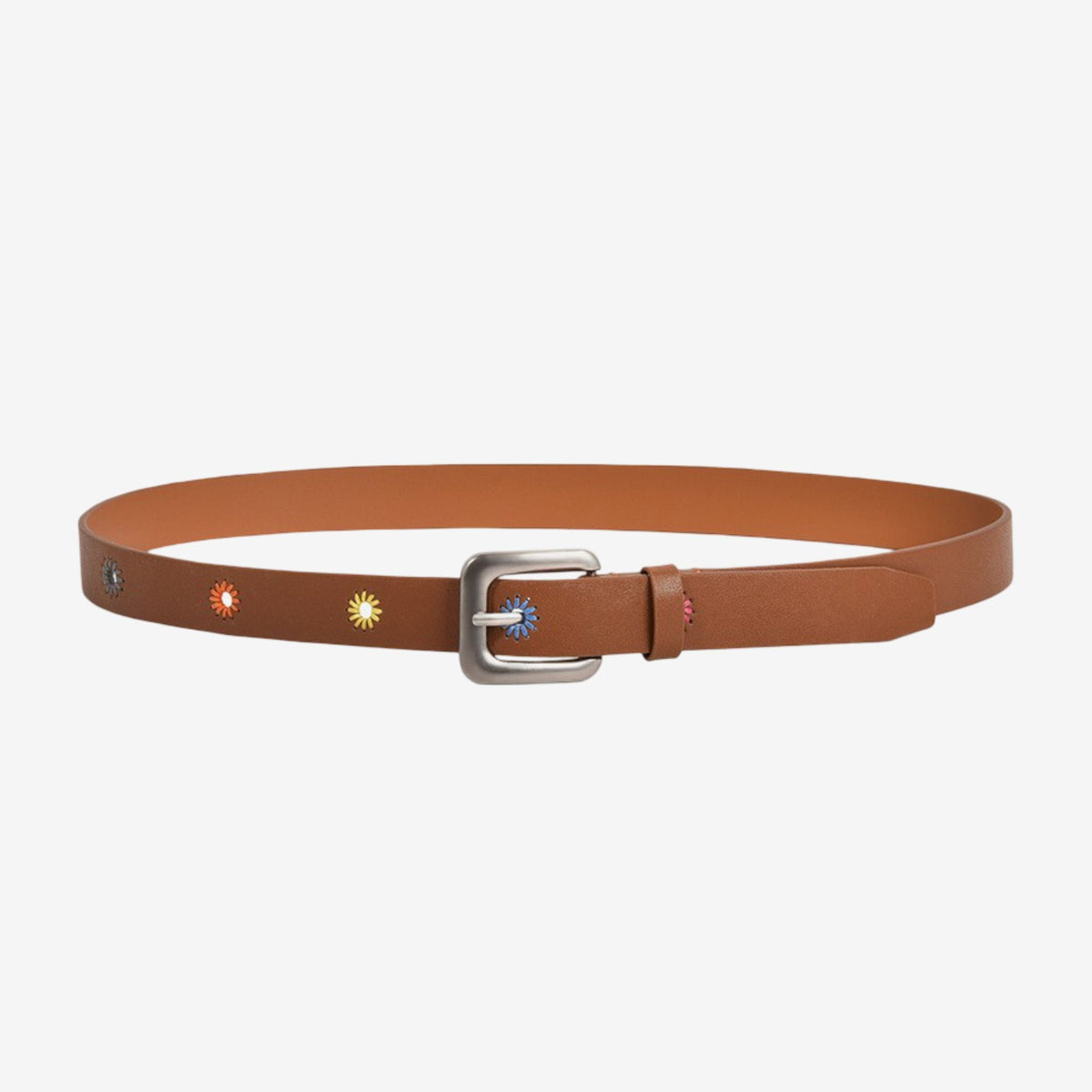 Genuine Leather Belt with Daisy Embroidery and Square Buckle 41.3in
