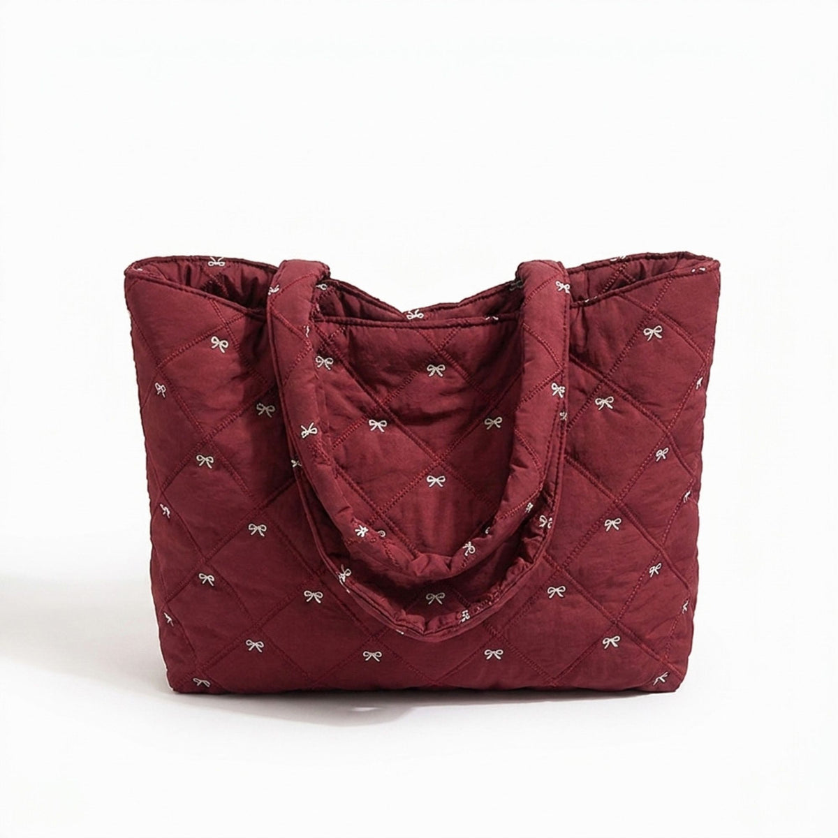 Quilted Tote Bag Large Capacity Shoulder Bag with Bow Embroidery and Magnetic Closure