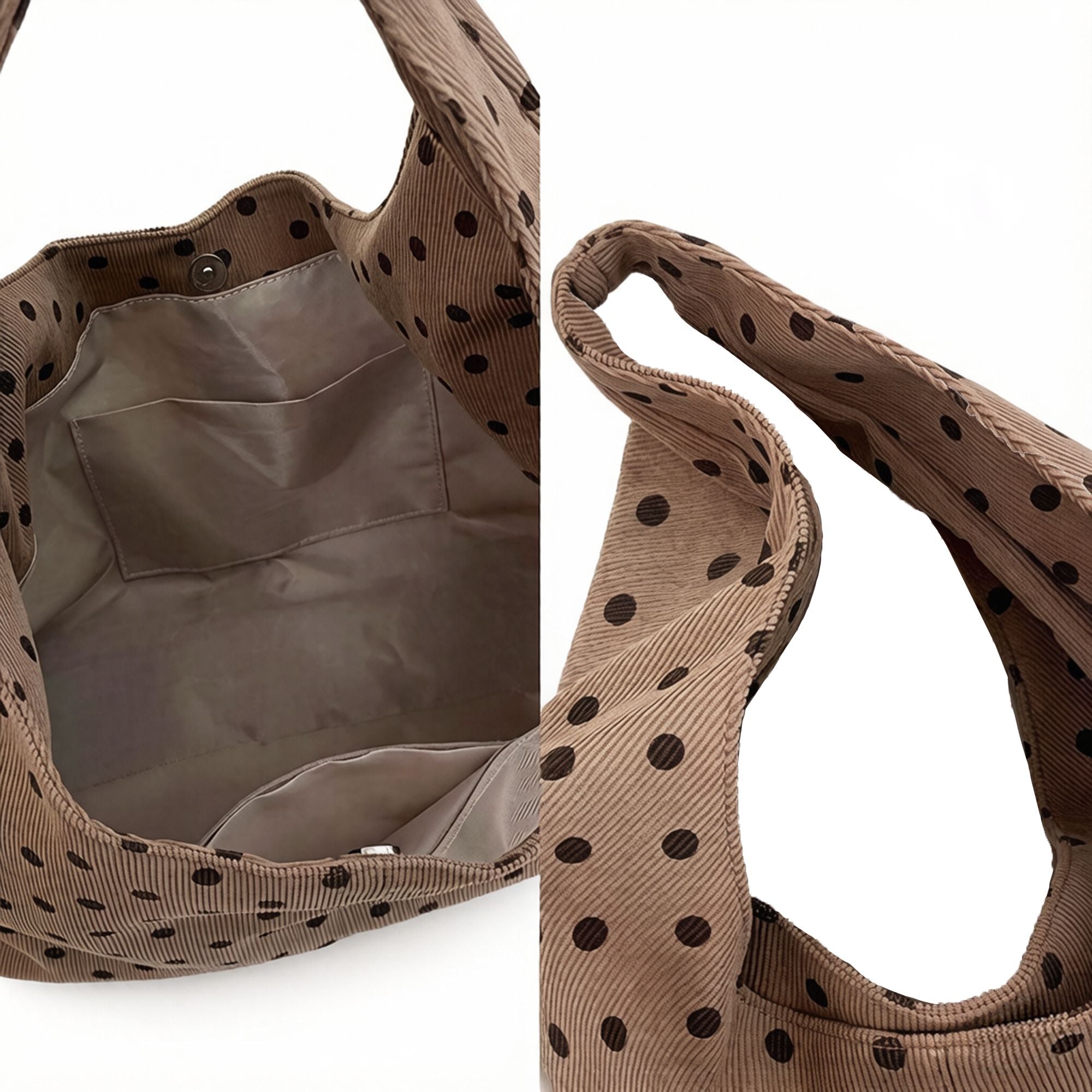 Polka Dot Corduroy Hobo Shoulder Bag with Wide Strap and Interior Pockets
