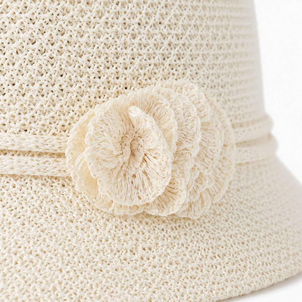 Woven Cloche Sun Hat with Floral Accent and Short Brim