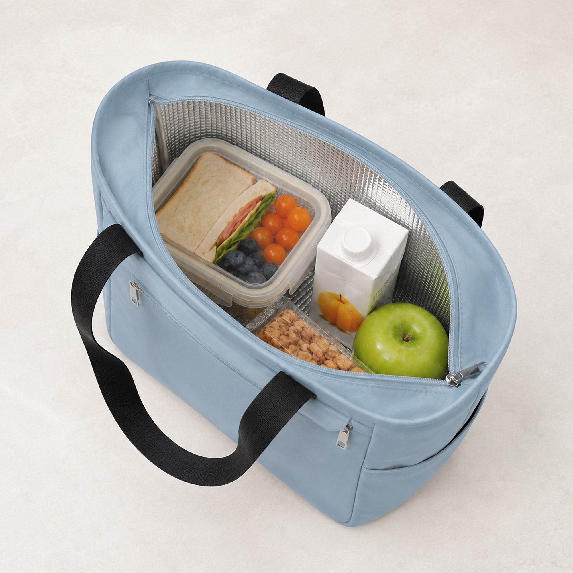 Insulated Tote Lunch Bag with Zipper Pockets and Long Handles