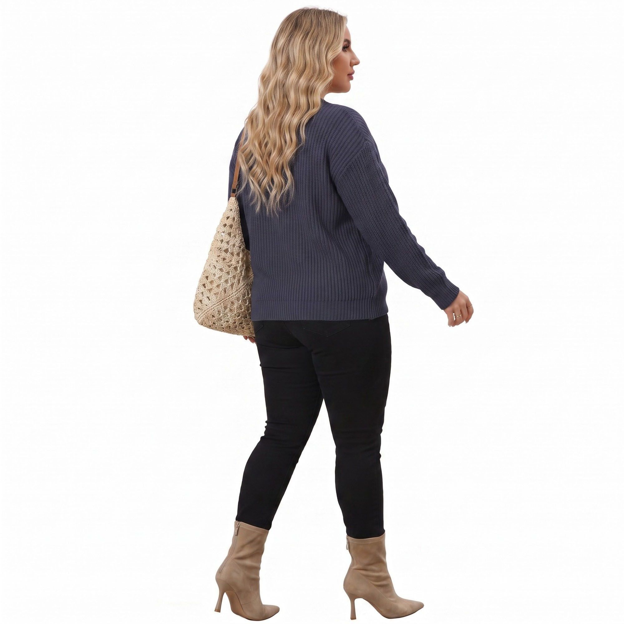 Plus Size Contrast Collar V-Neck Ribbed Sweater