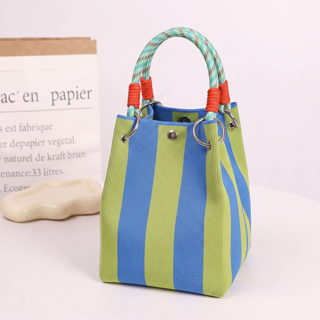 Small Striped Knit Bucket Bag with Rope Handles and Snap Closure