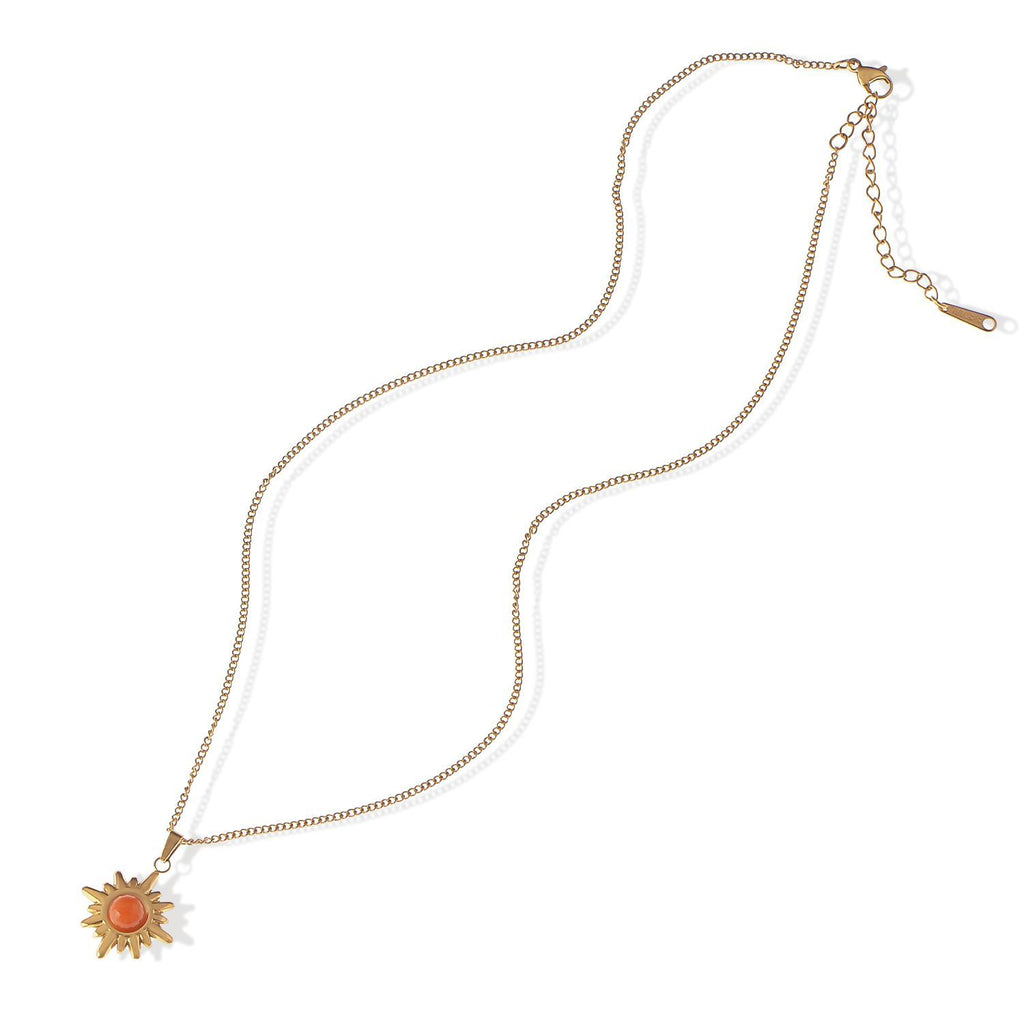 Women's Stainless Steel Fashion Necklace with 18K Gold Plated Sun Pendant, Orange Acrylic Stone, Adjustable Chain, Unique Design